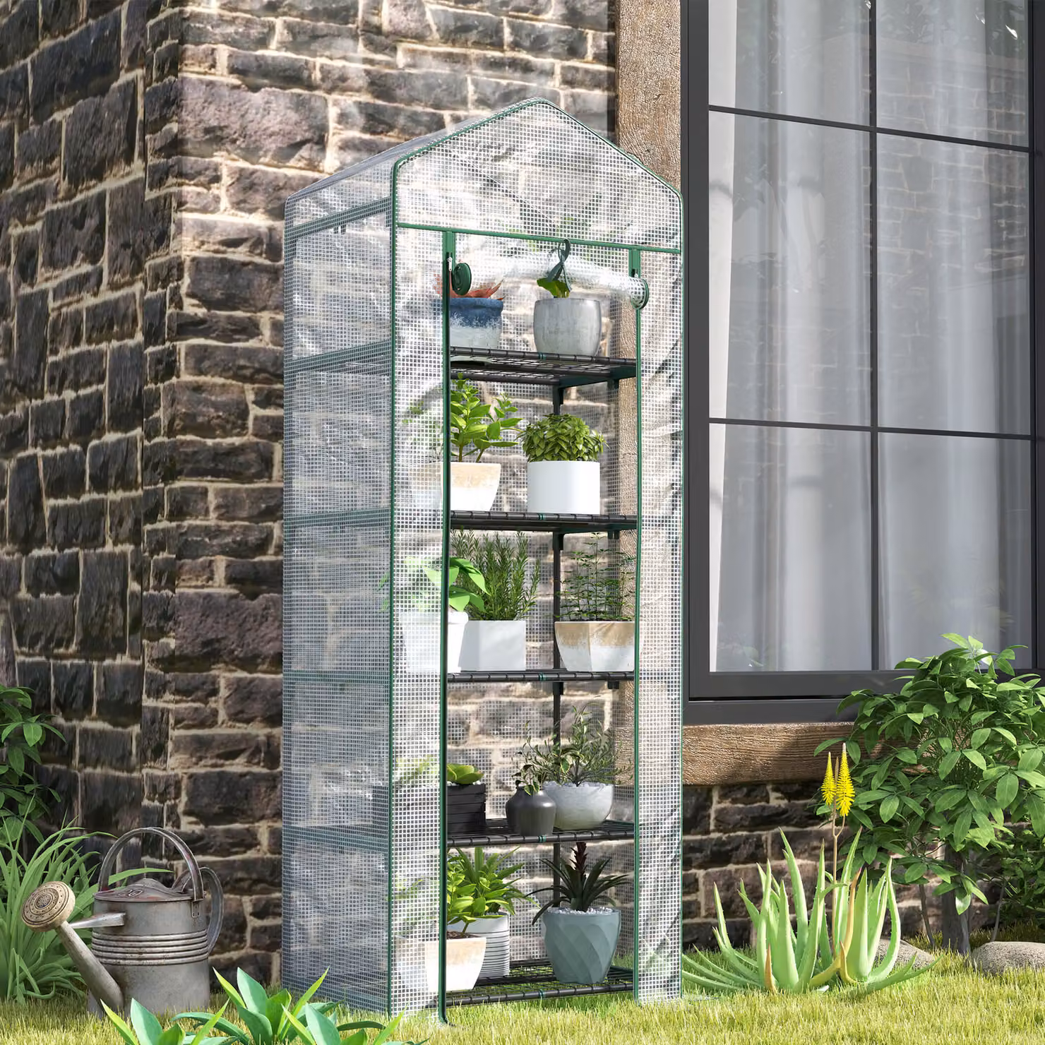 Outsunny Serra da giardino per balcone con 5 ripiani in acciaio e copertura rimovibile in PE, Bianco, L: 0,69 m, P: 0,49 m, H: 1,93 m – 2