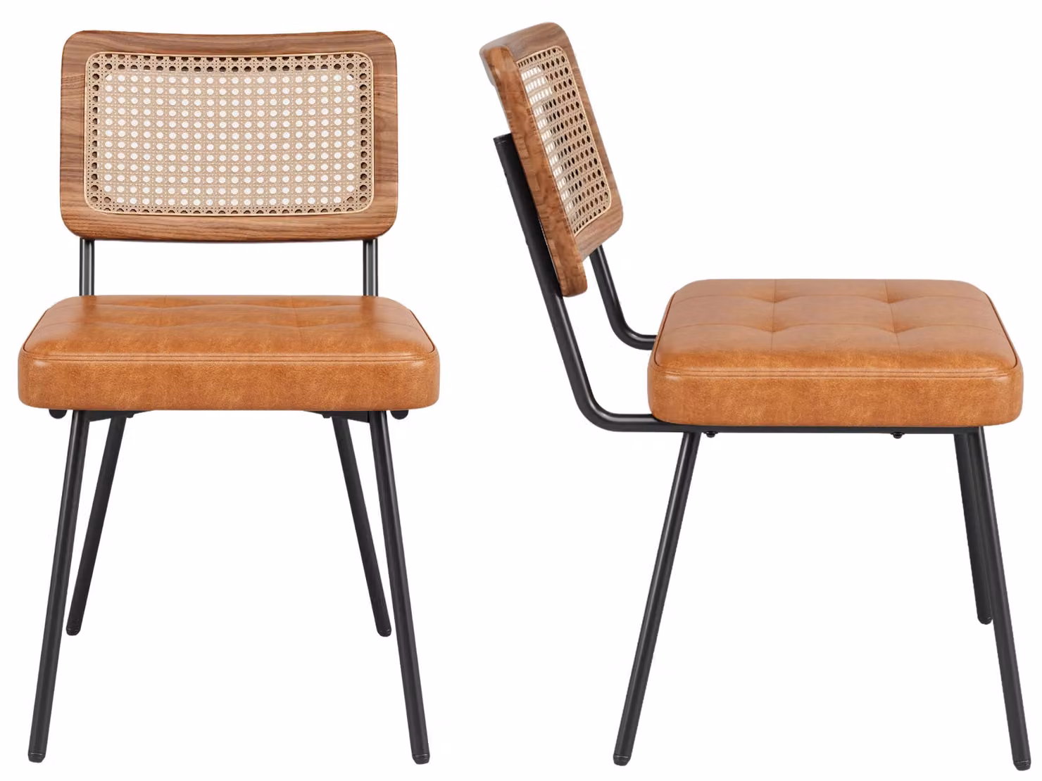 Set da 2 sedie da sala da pranzo, sedie da cucina in rattan con cuscini di seduta in PU, piedini regolabili e viti di fissaggio per la regolazione in altezza