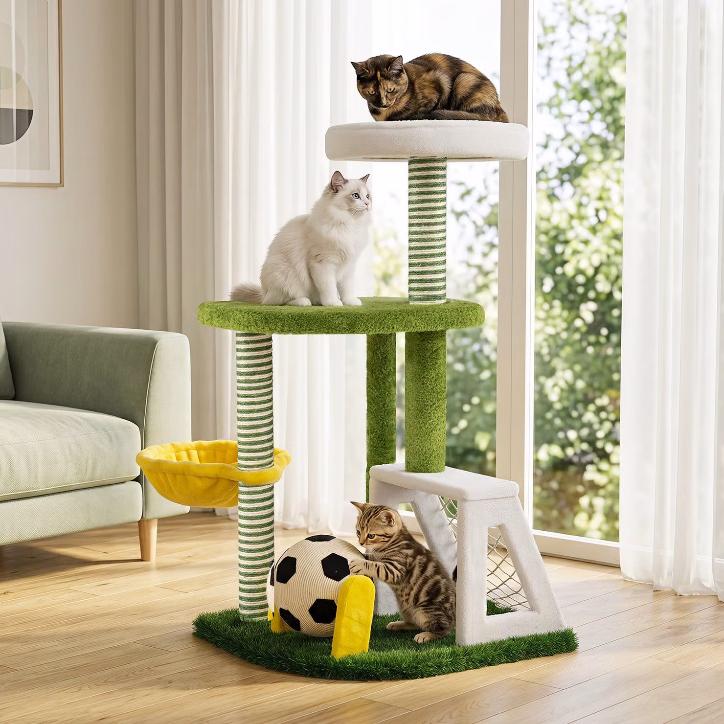 Albero tiragraffi per gatti Costway a tema calcio con torre, 2 piattaforme e pali in sisal, multicolore e verde