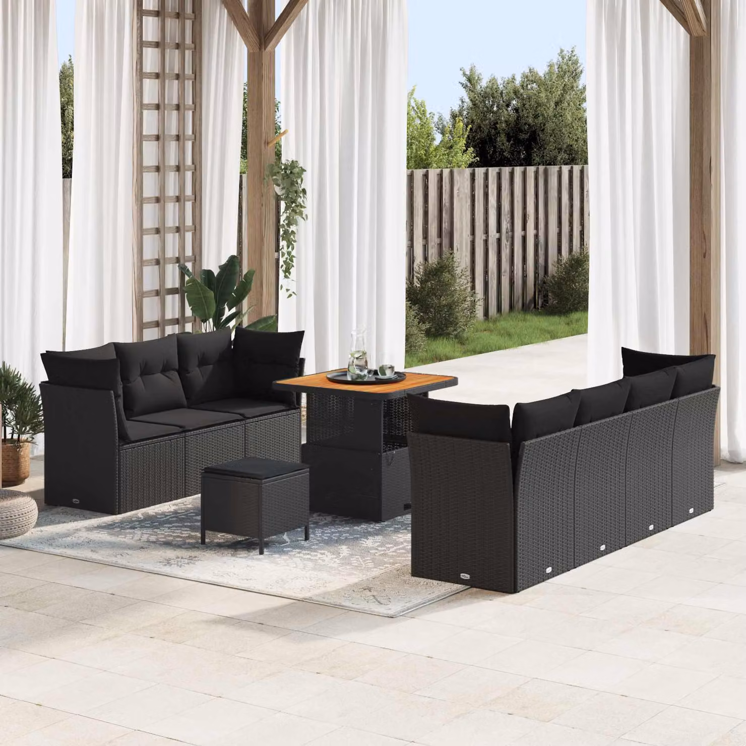 Set Divano da Giardino a L vidaXL con 10 Cuscini e Tavolino, Struttura in Acciaio Verniciato a Polvere, Nero – 1