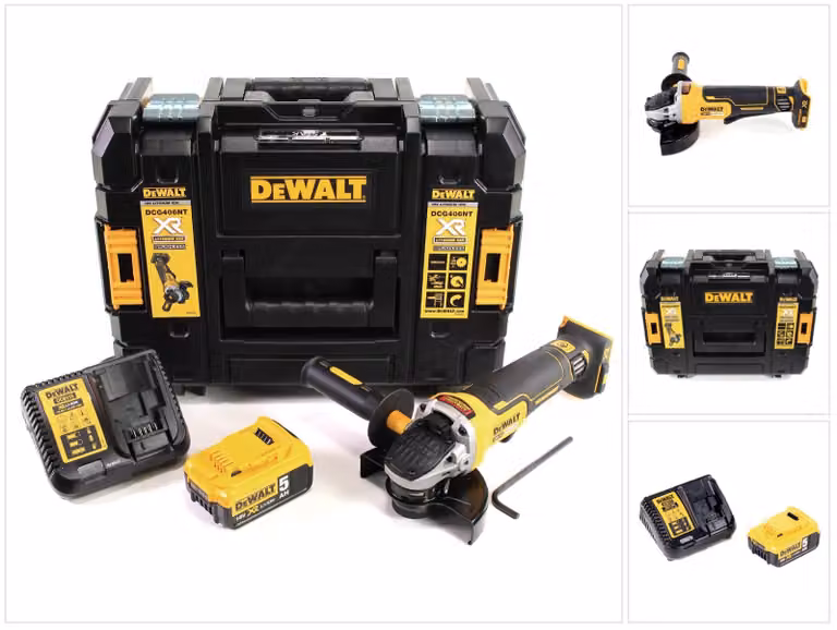 Smerigliatrice angolare a batteria DeWalt DCG 406 P1 18V 125mm senza spazzole + 1x batteria 5.0Ah + caricabatterie + TSTAK