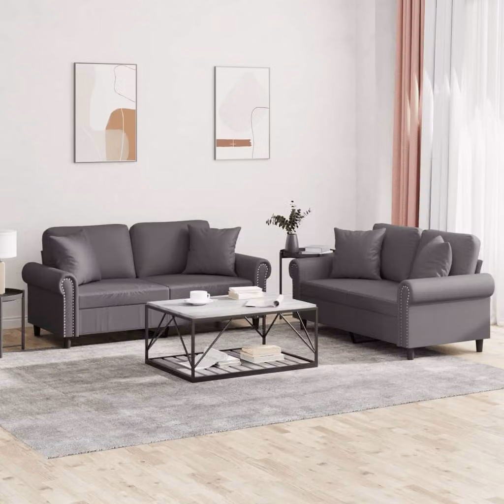Set di 2 divani vidaXL in similpelle grigia con cuscini per soggiorno in stile moderno