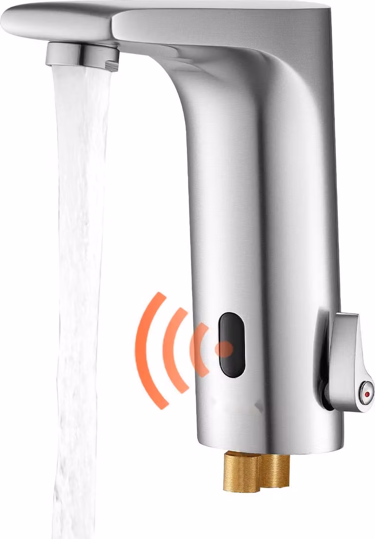 Rubinetto a sensore - Miscelatore automatico per lavabo a L - Touchless - Sensore a infrarossi - Funzionamento a batteria - Miscelatore monocomando - Argento nichel spazzolato