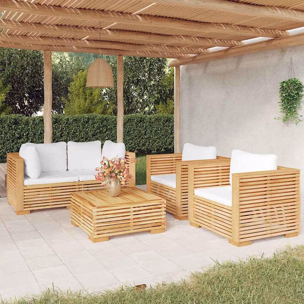 Set da giardino moderno vidaXL composto da 5 pezzi in legno di teak con cuscini bianchi e marroni