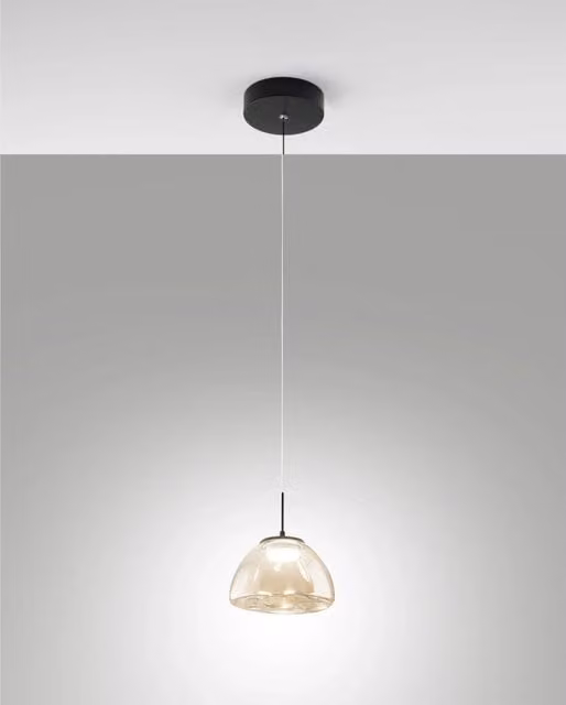 Lampada a sospensione Lucille Fabas in vetro trasparente e metallo color cognac e nero