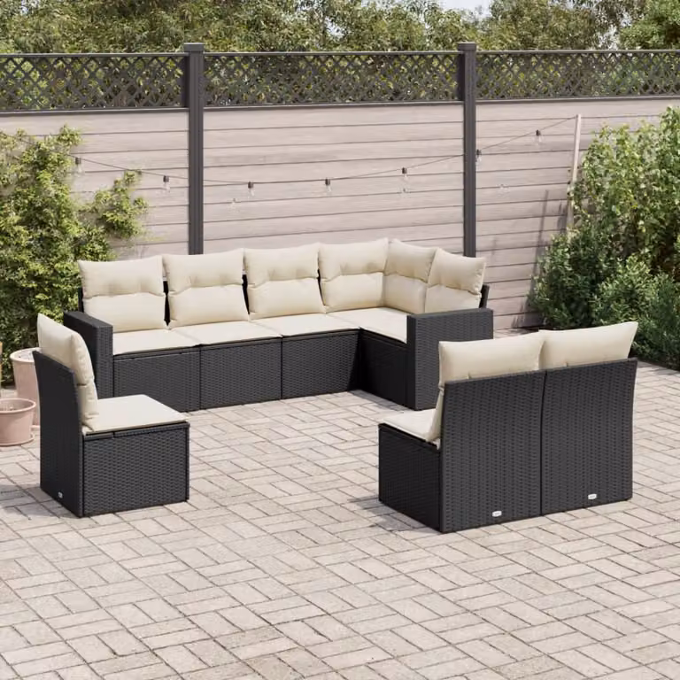 vidaXL Set Divani da Giardino a L con Cuscini 8 pz in Polyrattan Nero e Bianco