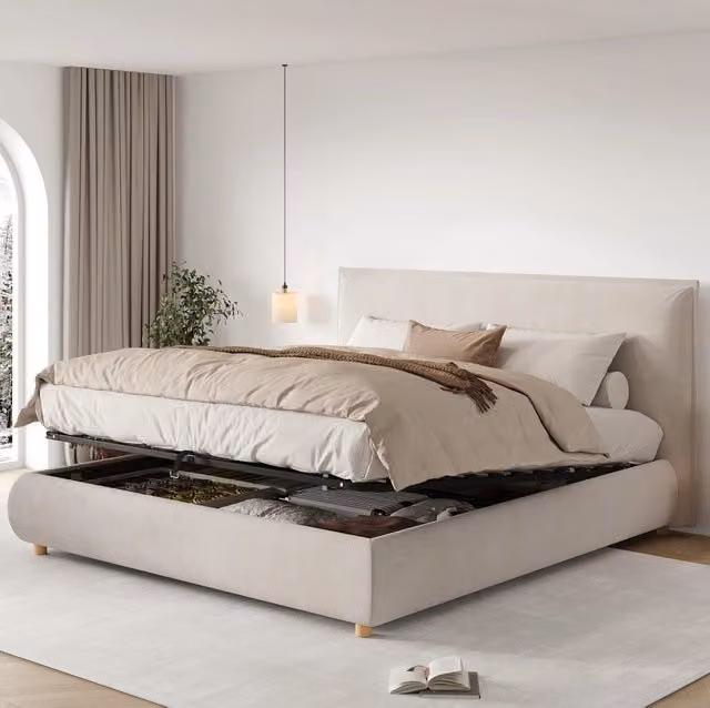 Letto imbottito contenitore 180x200 cm con rete a doghe; apertura idraulica; velluto crema