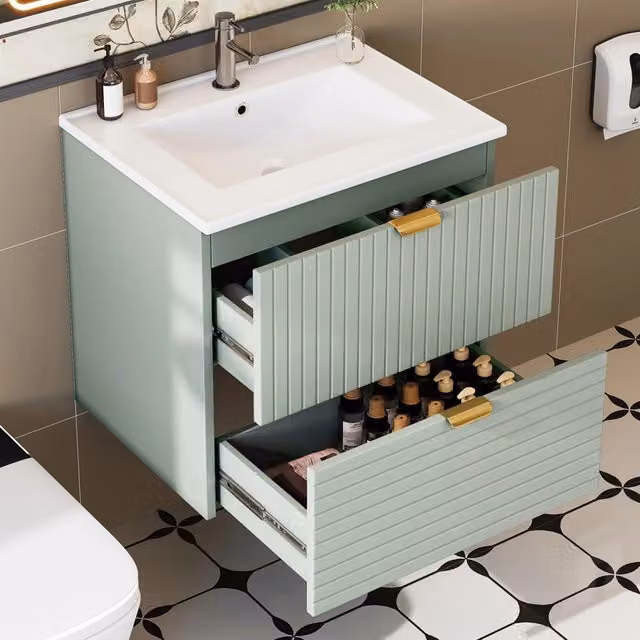Mobile bagno sospeso con 2 cassetti a chiusura ammortizzata e lavabo integrato, finitura laccata, 61×46×57 cm