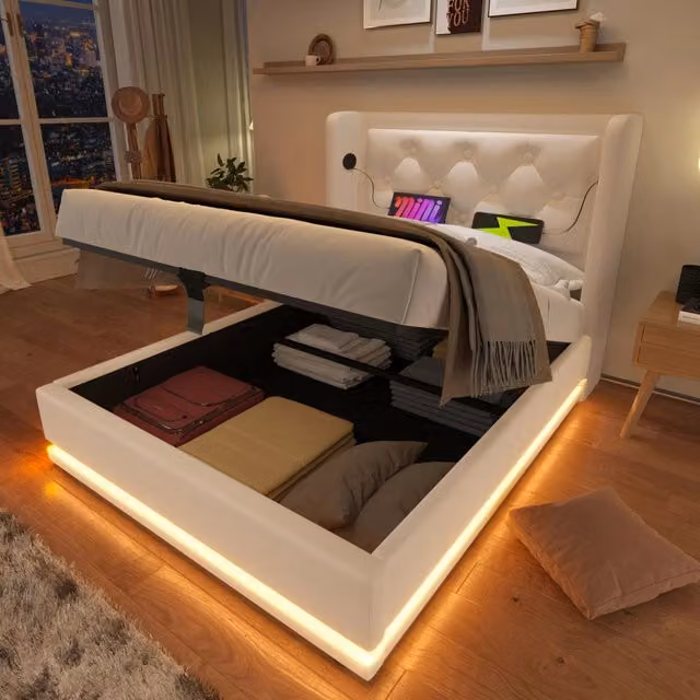 Letto Singolo 90x200 cm in Ecopelle Bianco con Contenitore Idraulico e Testiera USB