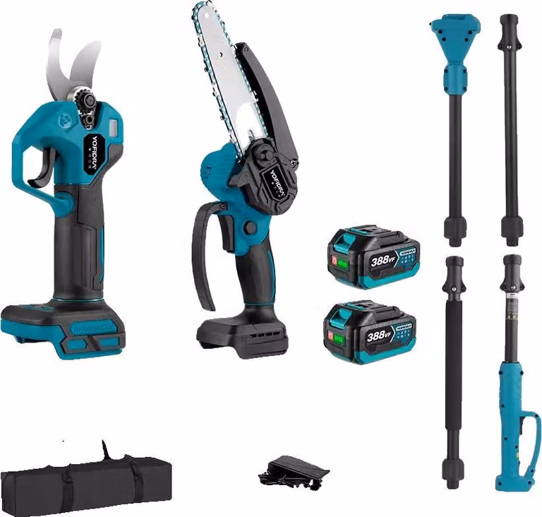 Potatore elettrico, motore brushless, asta telescopica, 2 batterie