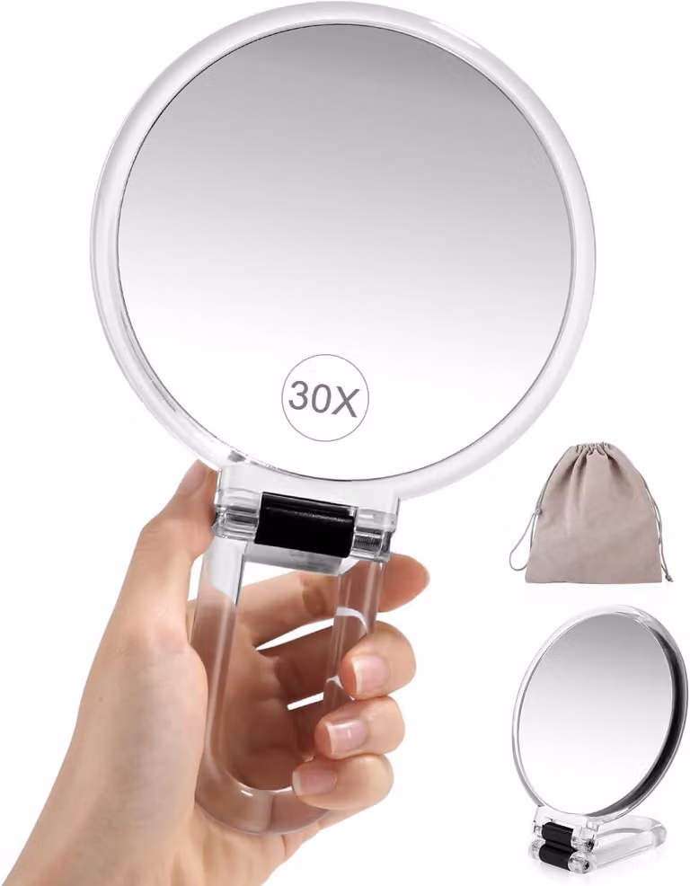 Specchio da trucco a due facce, con ingrandimento 30X/1X, diametro di 12 cm, manico regolabile, ideale per il trucco