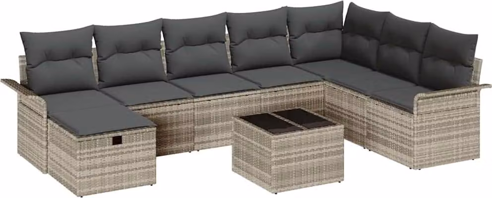 Set Divano da Giardino 9 pcs Grigio chiaro Poly Rattan