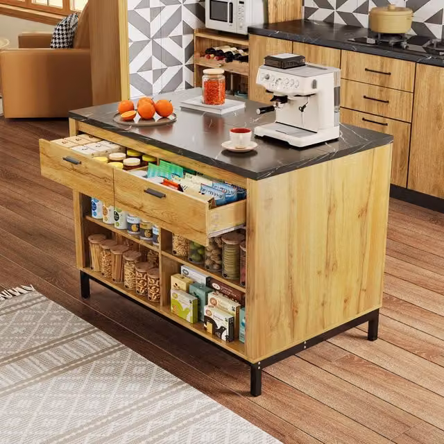 Credenza da cucina alta, 2 cassetti e 4 ripiani aperti, piano effetto marmo, MDF nero e naturale, 120 × 75 × 90 cm