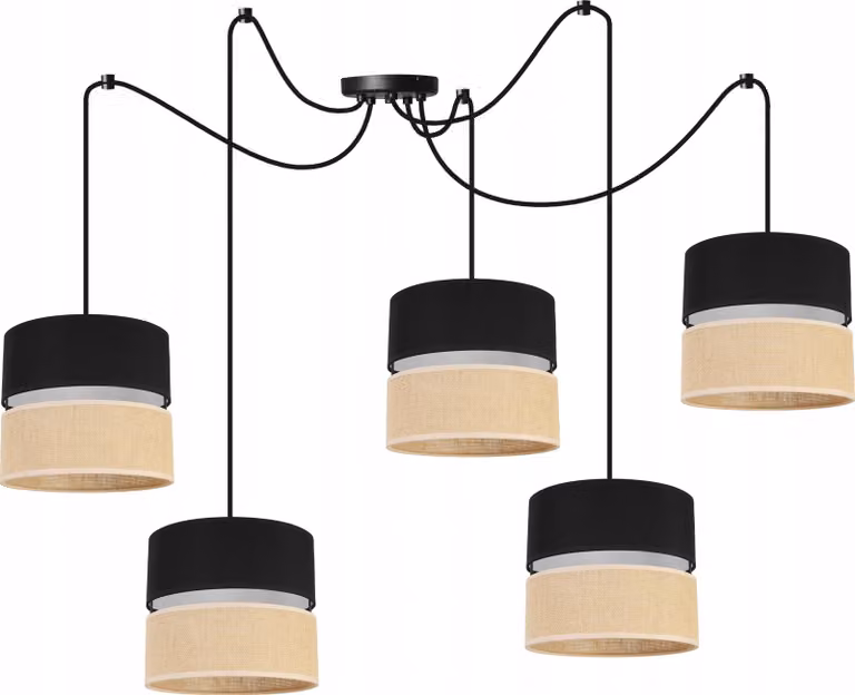 Light-Home Juta Spider lampada a sospensione - Metallo con paralume in tessuto - E27 - Spider a 5 lampadine 20 cm - Base nera e juta e nera