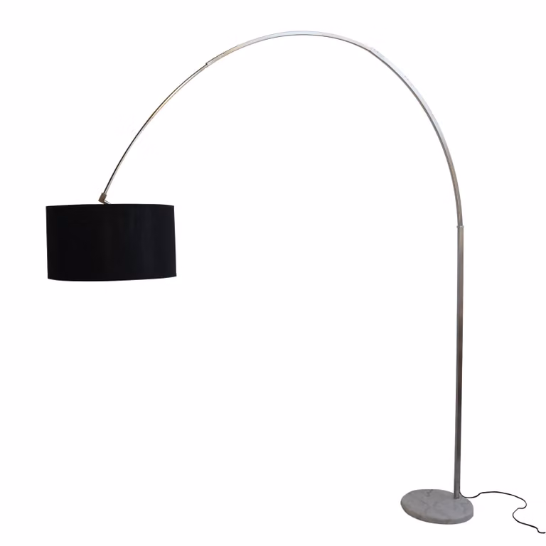 Lampada da terra ad arco LAURENCE 240 x 220 cm con base in marmo bianco e paralume in tessuto nero Ø50 cm