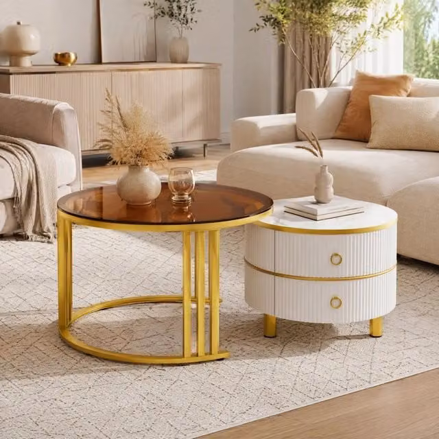 Set di 2 tavolini da caffè rotondi con 2 cassetti 70x70x45/50x50x40 cm MDF bianco e vetro marrone