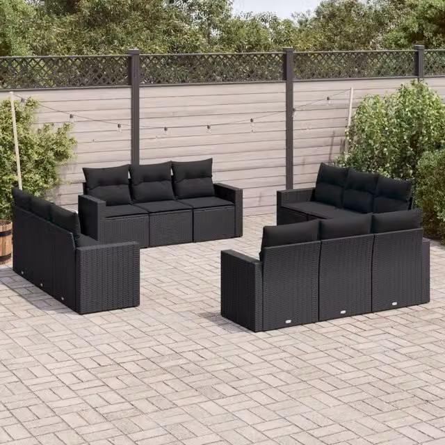 Set di Divani da Giardino VIDAXL in Polyrattan Nero con Cuscini, Design Moderno a Forma di U per 12 Persone