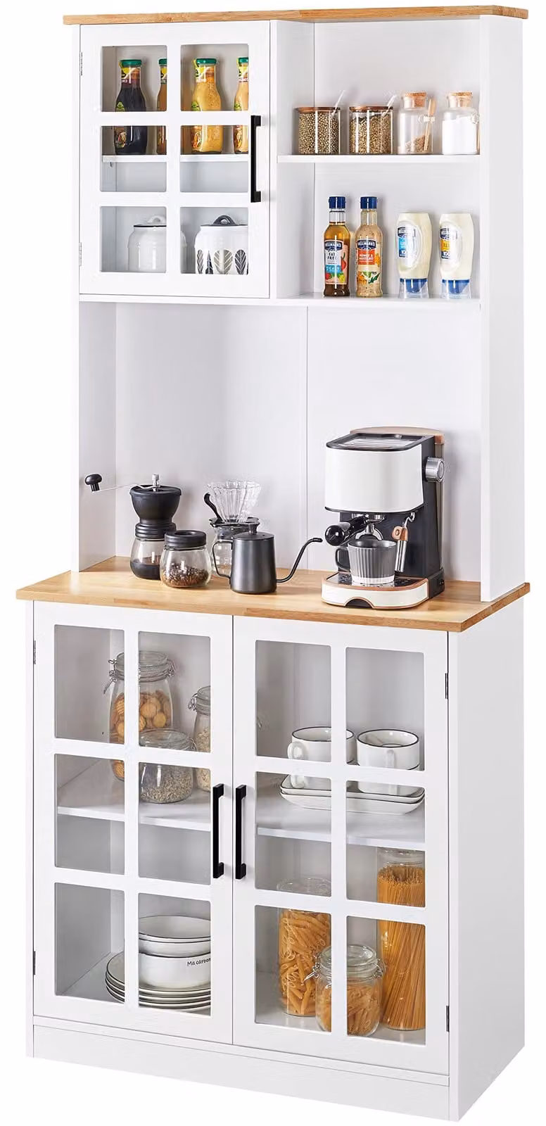 Mobiletto da cucina Yaheetech, 183 cm, pensile alto con ante in vetro, ideale come dispensa