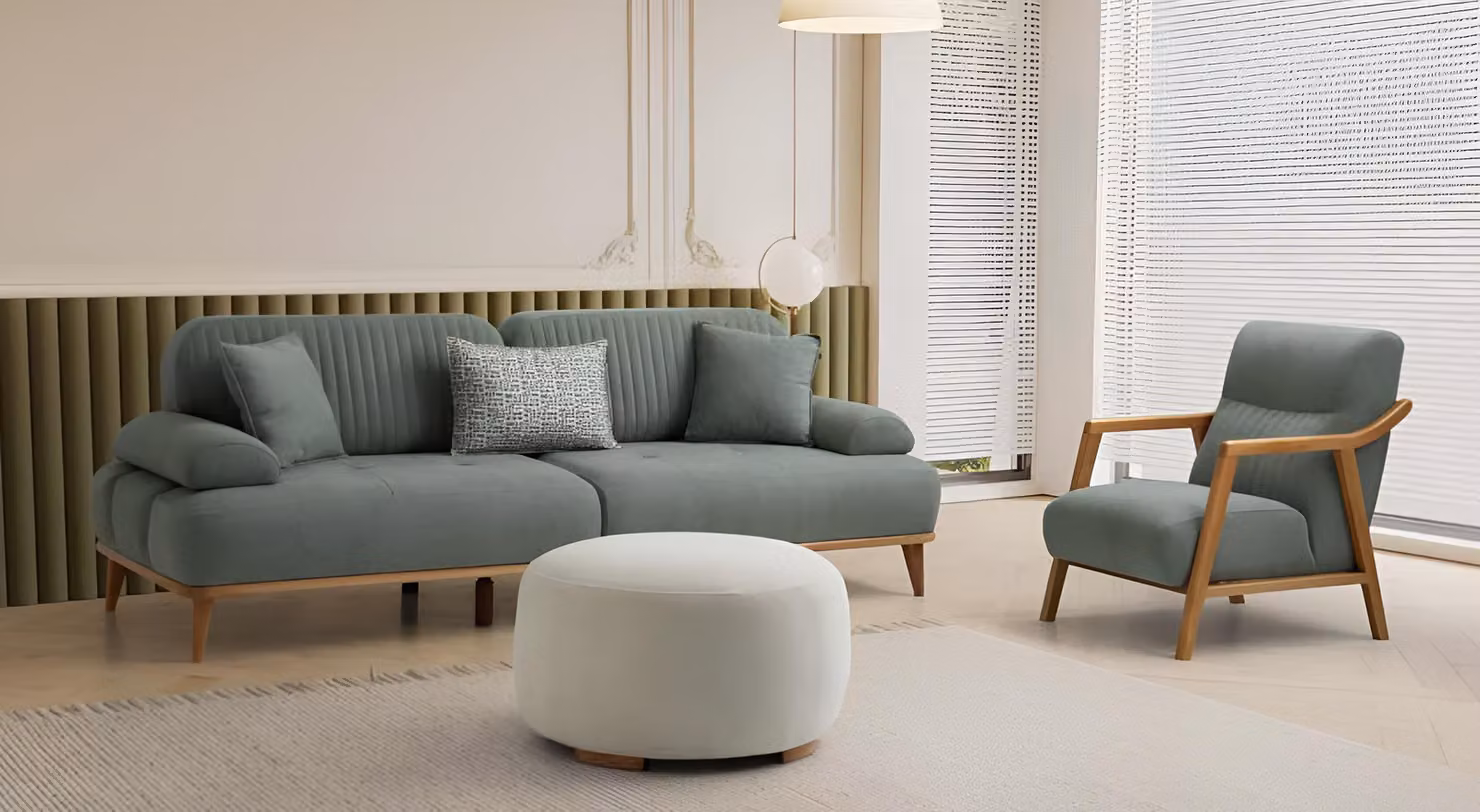 Graues Designer Polster-Set Wohnzimmer Dreisitzer Textilsessel 2tlg
