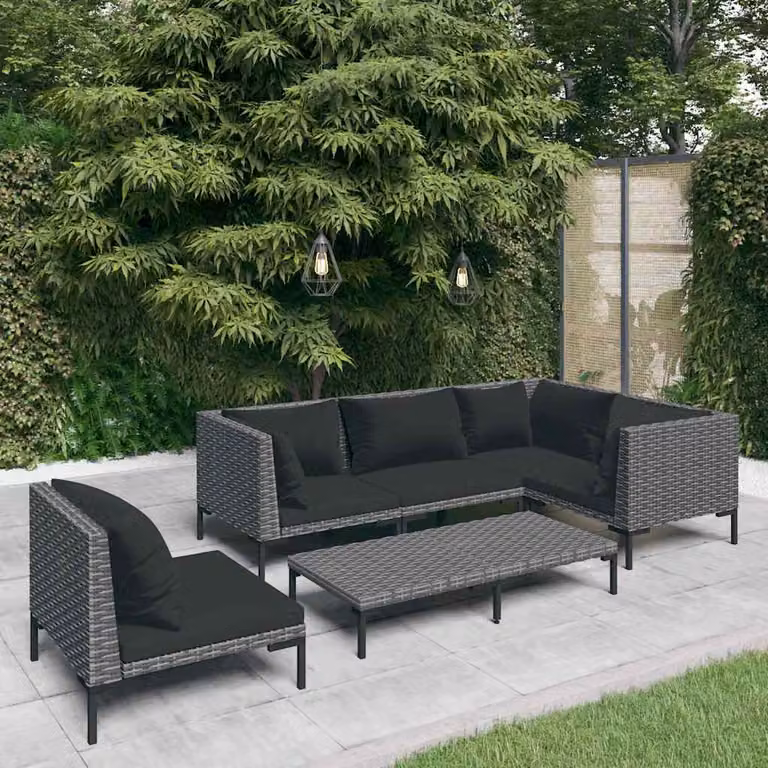 Set da giardino vidaXL a forma di L composto da 6 pezzi con cuscini e tavolino, polyrattan grigio e struttura in metallo nero