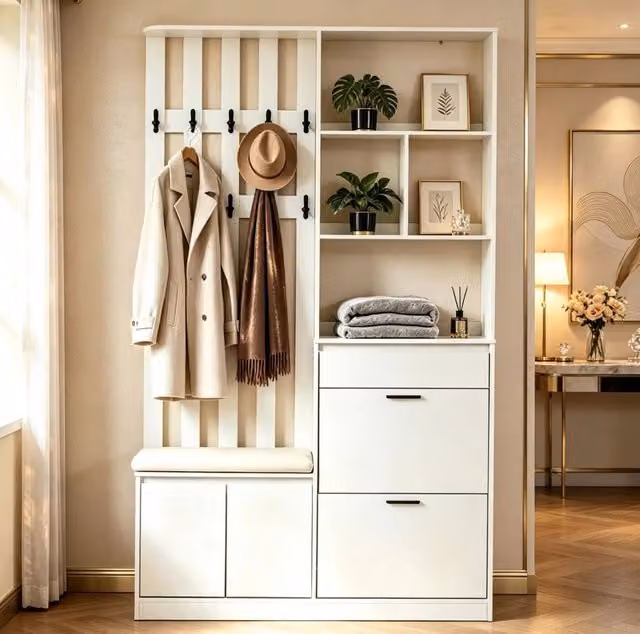 Appendiabiti da ingresso 120x30x200 cm in MDF bianco con panca; 2 ante; 1 cassetto e 10 ganci