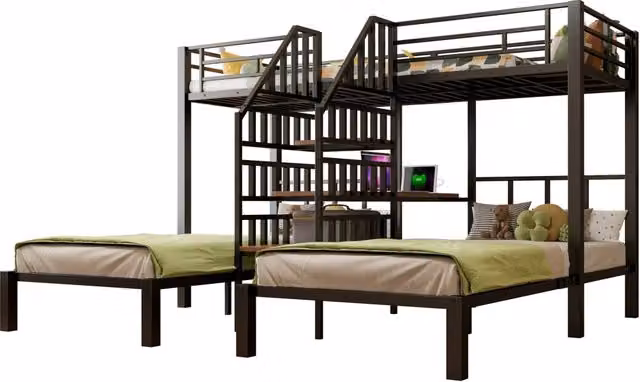 Letto a castello REDOM per bambini in metallo e MDF nero con illuminazione LED, porta USB e scale con gradini, L/P: 90 x 200 cm