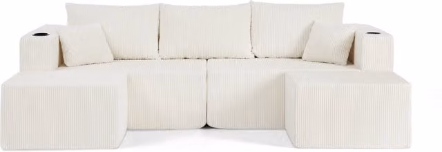 Divano angolare modulare a 3 posti beige in tessuto a coste con pouf mobili, portabicchieri e cuscini inclusi