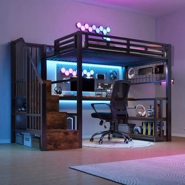 Letto a Soppalco con Scrivania ¨C Xylo ¨C Nero, Metallo, LED, 90x200