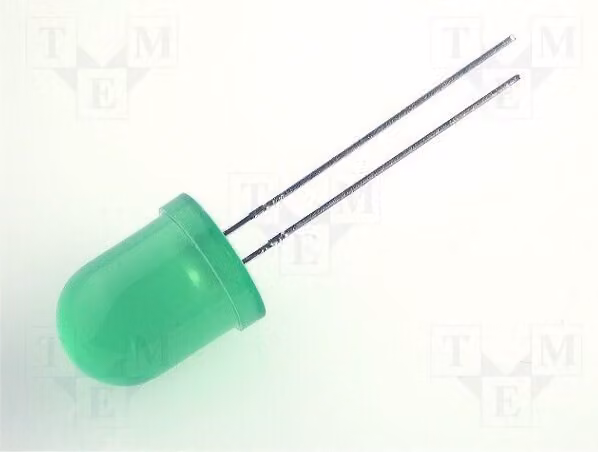 2 LED verdi, angolo di emissione 60°, modello L-813GD, diodi LED a montaggio traversa (THT), dimensioni 10mm x 10mm, intensità luminosa 20÷70 mcd
