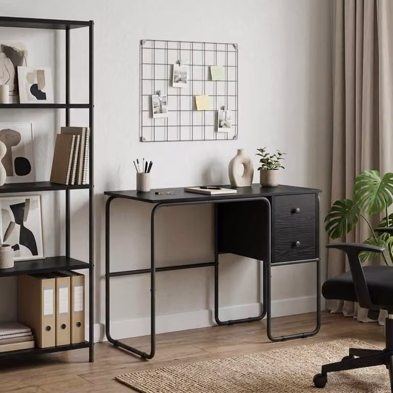 Scrivania moderna vidaXL in legno e metallo con spazio di archiviazione, colore nero e rovere, L: 100 cm, P: 60 cm, H: 75 cm