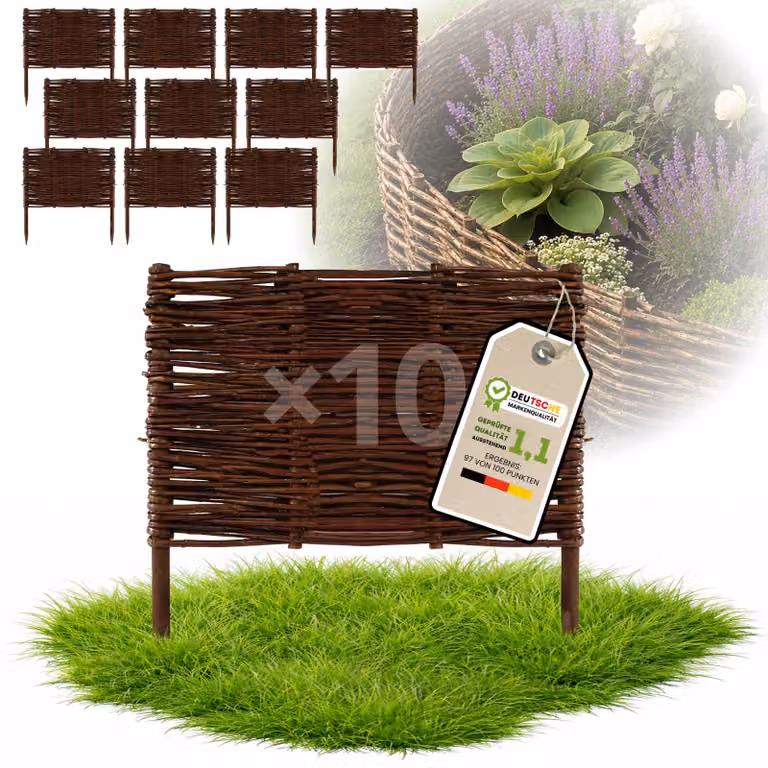 Floranica 10 pezzi Recinzione in vimini 40 cm x 40 cm – Staccionata da giardino intrecciata Palizzata Recinzione naturale Bordo aiuola