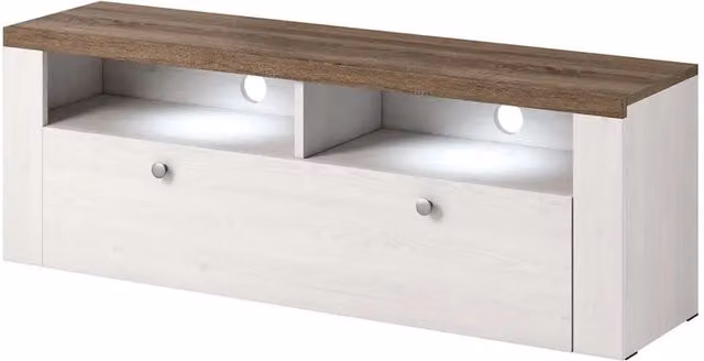 Mobile TV Meublorama collezione SANTIAGO bianco effetto legno e quercia con illuminazione integrata L: 140 cm, P: 37,1 cm, H: 49,2 cm