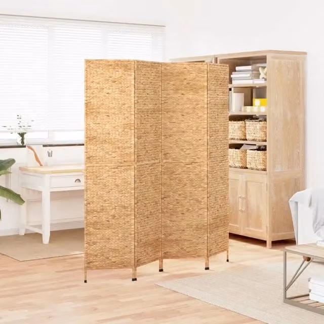 Paravento divisorio per ambienti con 4 pannelli in metallo e rattan color beige, L: 163 cm, H: 180 cm