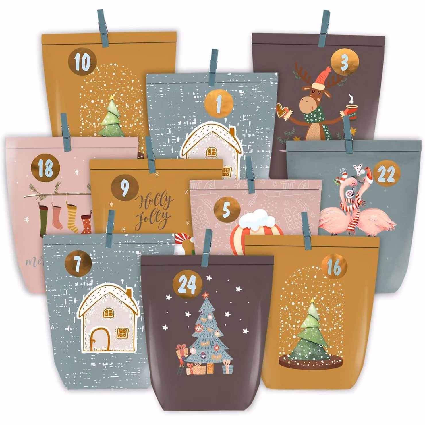 Calendario dell'Avvento con 24 sacchetti di carta, kit per realizzare decorazioni, colori: blu, rosa, giallo