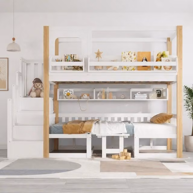 Letto a castello ULEVR 90x200 cm con tavolo pieghevole regolabile, scala contenitore e libreria, bianco e naturale