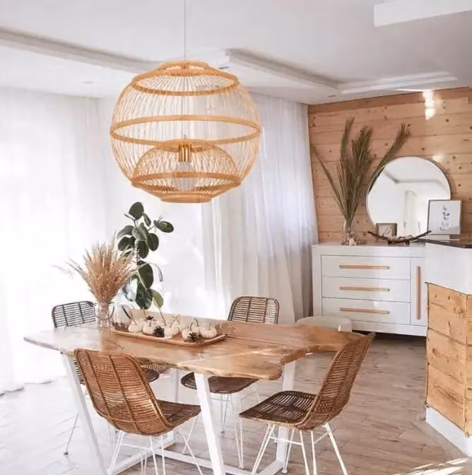 Fine Asianliving Bamboo Hanging Lamp Lampada a sospensione fatta a mano - Bailey D60xH54cm Lampada a sospensione Illuminazione Paralume di bambù Tessuto Lampada Illuminazione Rotan