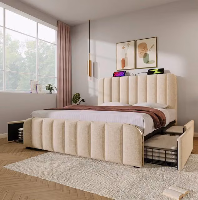 Letto matrimoniale 160x200 cm con 4 cassetti; USB-C e testiera in lino beige
