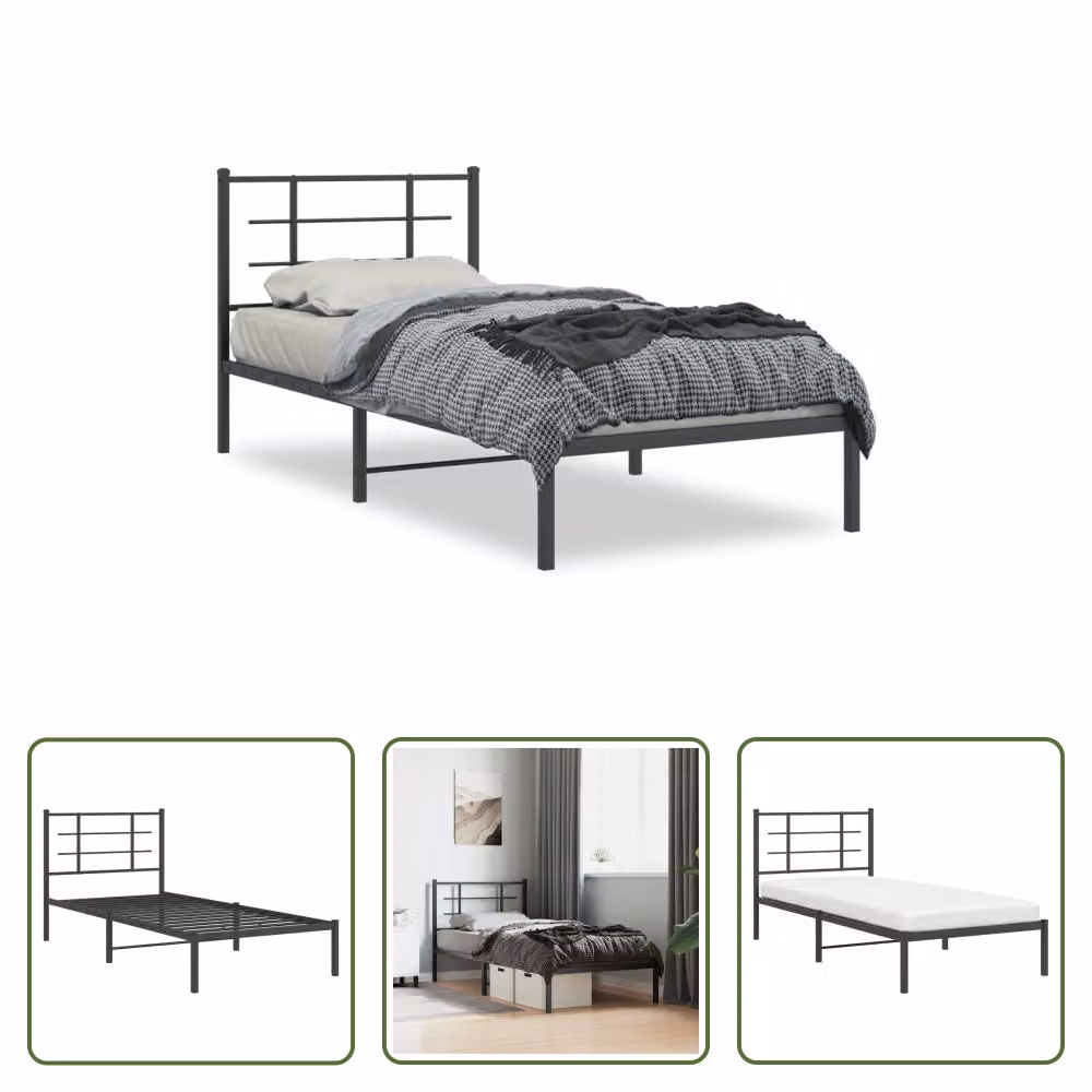 The Living Store Struttura letto con testiera in metallo nero 90x200 cm