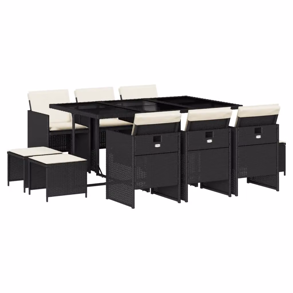 vidaXL Set da Pranzo da Giardino 11 pz in Polyrattan con Piano in Vetro e Cuscini Nero – 2