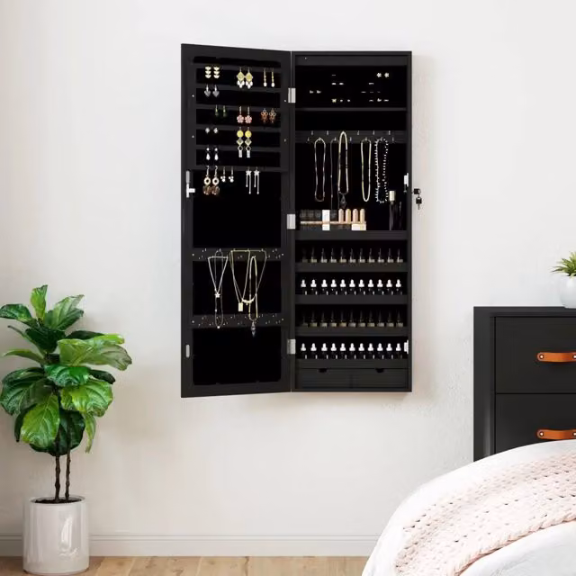 Armadio Portagioie Design Mania con Specchio e Luci LED Nero da Parete