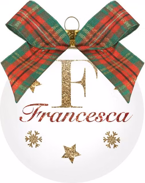 Pallina di Natale KASANOVA in vetro trasparente con nome Francesca e decorazioni bianche, Diametro: 10 cm