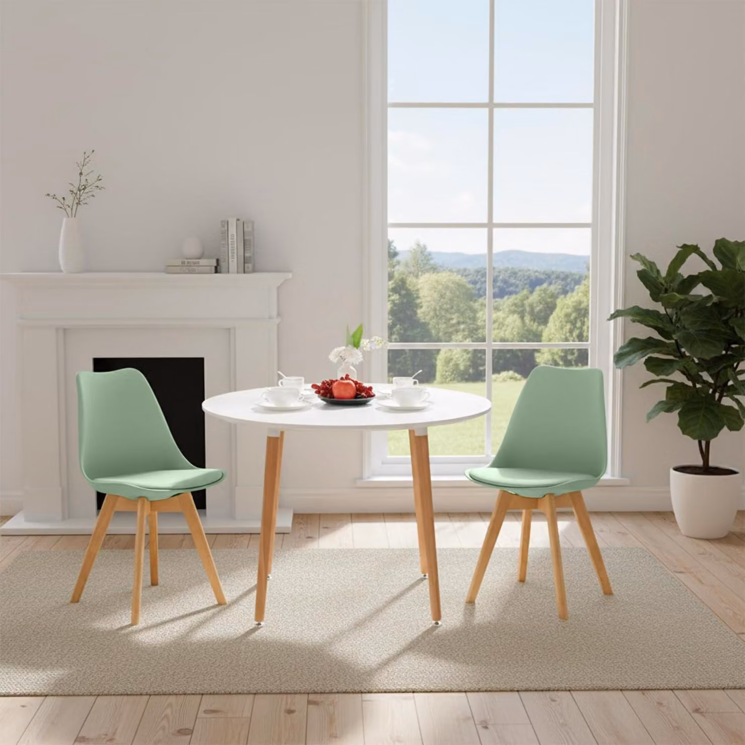 Tavolo da pranzo con 2 sedie, set da cucina, colore bianco e verde menta, legno di faggio, 100 cm