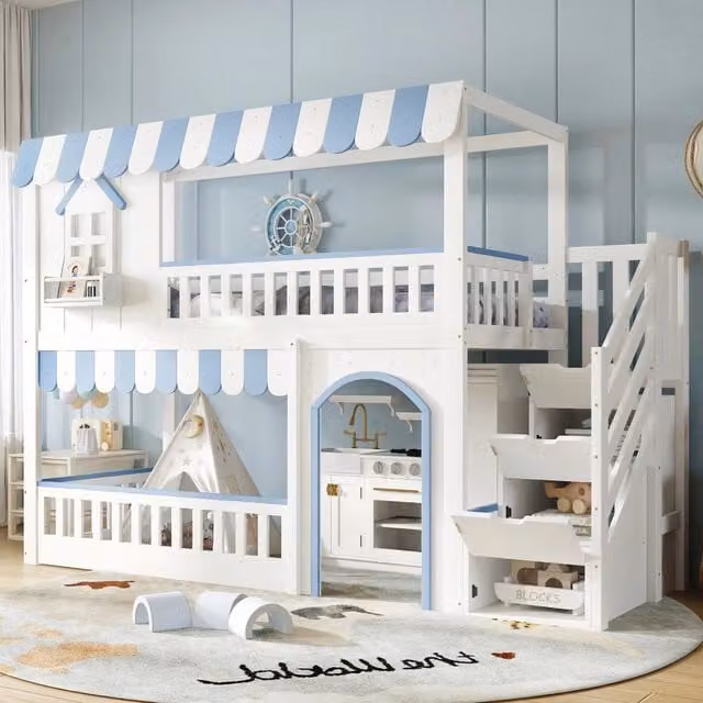 Letto a soppalco per bambini ULEVR 90x200 cm con scala contenitore a 3 livelli, sponde di sicurezza, bianco e blu