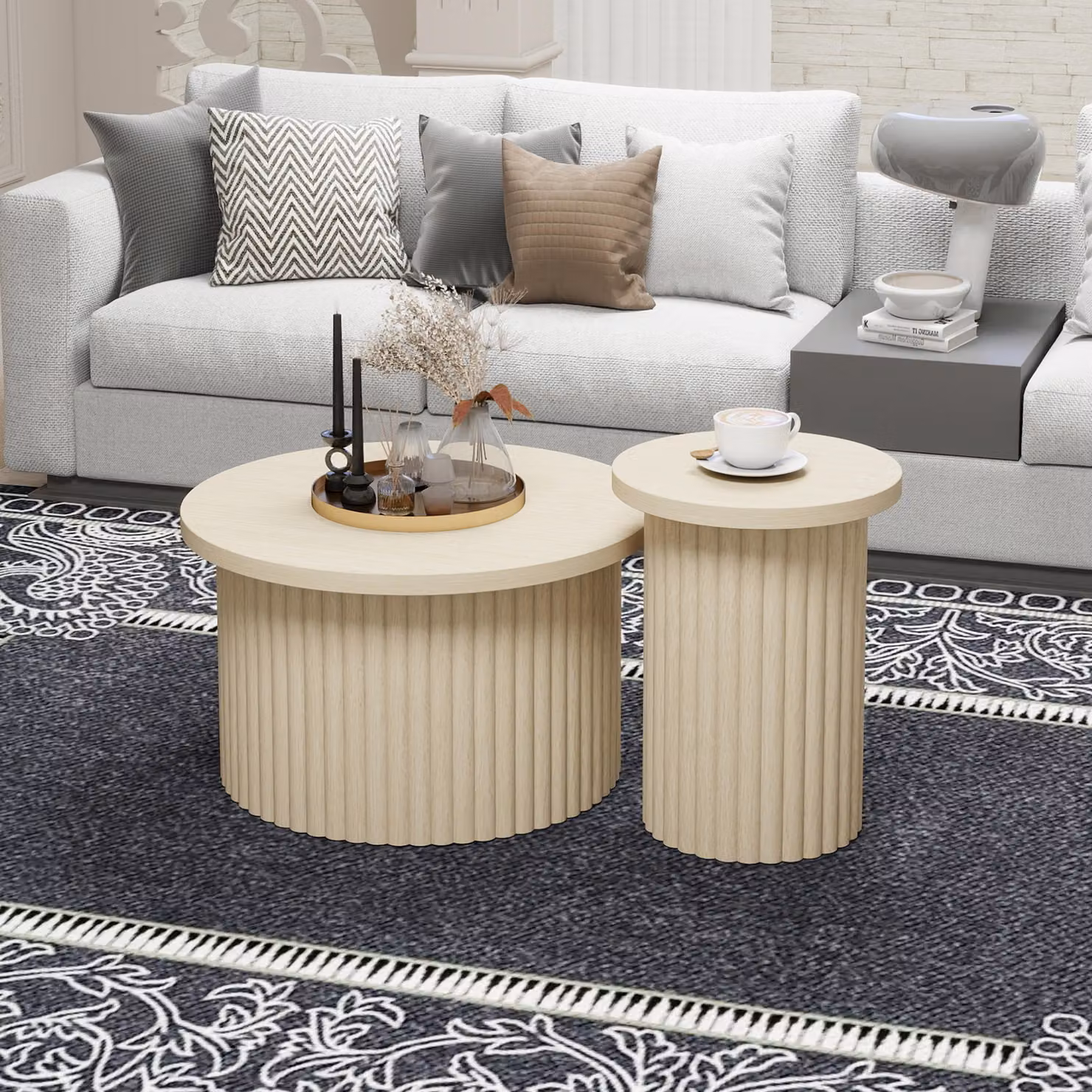 Set di tavolini rotondi in confezione da 2, con finitura effetto legno naturale e struttura ondulata – tavolino ausiliario integrato, ideale per il soggiorno o l'ufficio