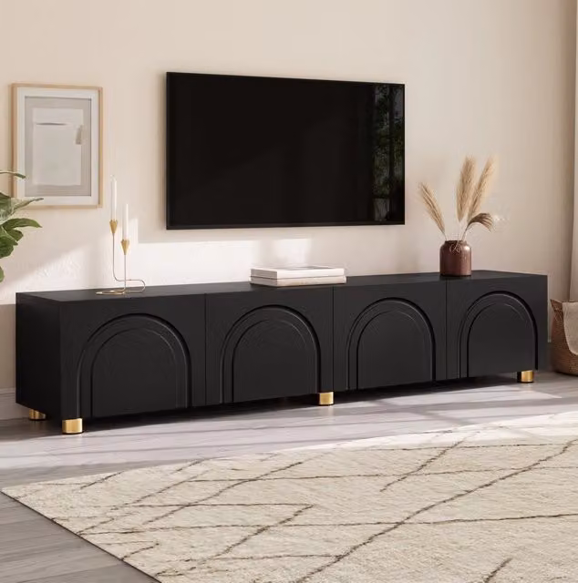 Mobile TV 180x35x40 cm nero in MDF e pannello truciolare - 4 ante con rilievo ad arco
