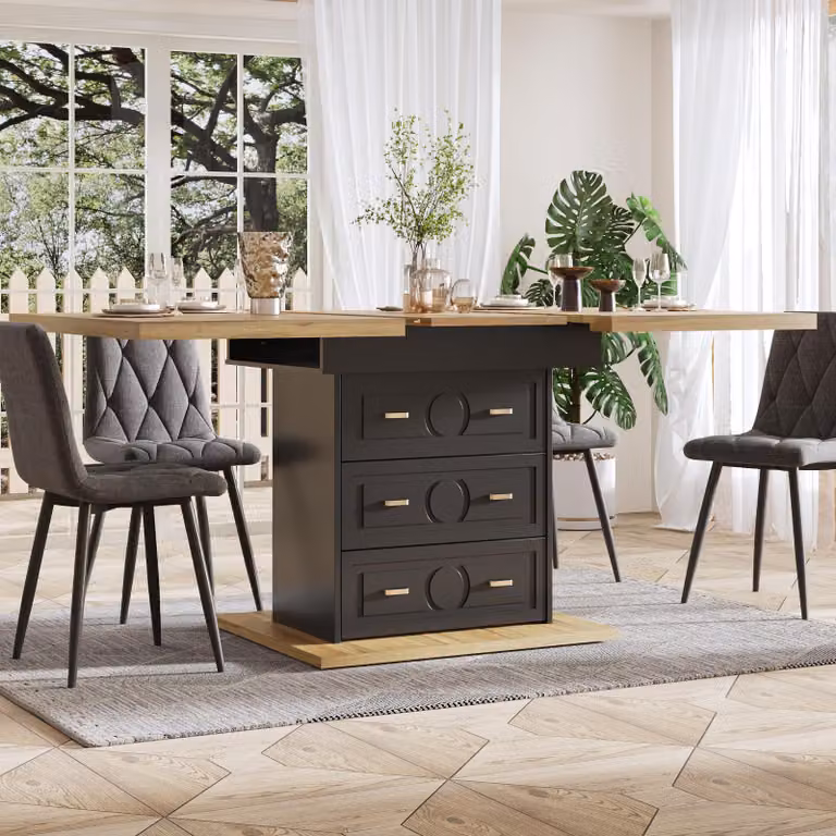 Tavolo da pranzo allungabile Flieks, tavolo per 6 persone con piano allungabile e venature del legno, tavolo in legno 110-140 x 80 x 75 cm, legno naturale + nero