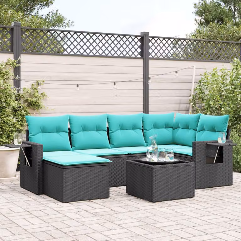 Set di divani da giardino vidaXL in polyrattan nero da 7 pezzi con cuscini e tavolino da esterno