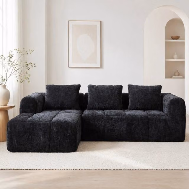 Divano angolare 3 posti 250x158 cm in ciniglia nera con chaise longue HOMVRA