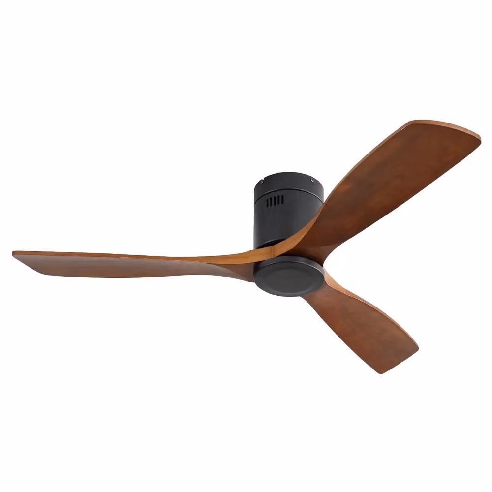 Ventilatore da soffitto Minimal con 3 pale in legno intagliato, motore DC reversibile silenzioso, telecomando, nero e marrone, diametro 132 cm – 2