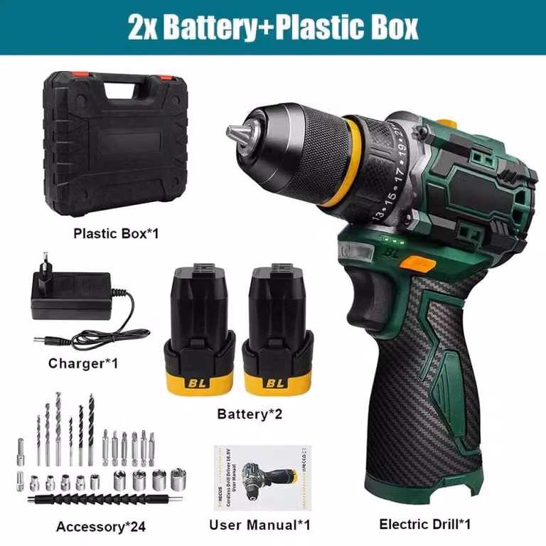 Trapano avvitatore a batteria - Avvitatore elettrico - 21 V - 55 Nm - Mandrino autoserrante in metallo da 10 mm - 23+1 livelli di coppia - 2 batterie